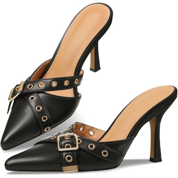 🆕Slingback Kitten Heel Women Black Polyurethane Studded Closed Pointed Toe Pump - Picture 1 of 8
